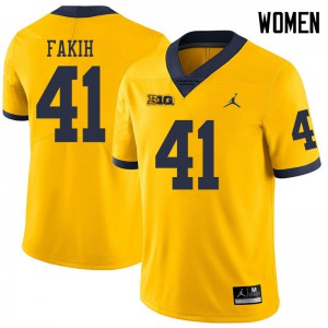 Michigan Wolverines #41 Adam Fakih Women's Yellow College Football Jersey 968144-149