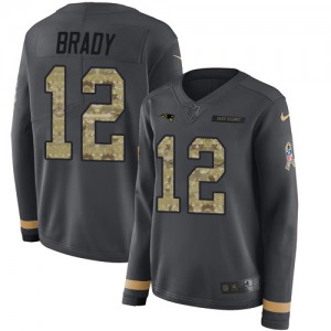 New England Patriots #12 Tom Brady Women's Anthracite Limited Salute to Service Stitched Therma Long Sleeve Jersey 714956-282