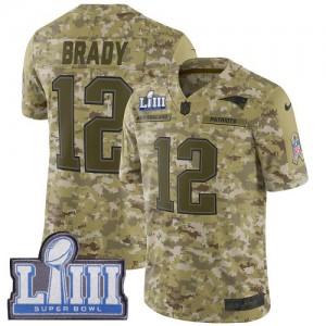 New England Patriots #12 Tom Brady Men's Camo Limited Super Bowl LIII Bound Stitched 2018 Salute to Service Jersey 555378-857