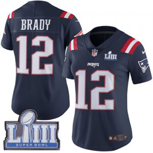 New England Patriots #12 Tom Brady Women's Navy Blue Limited Super Bowl LIII Bound Stitched Rush Jersey 187012-666