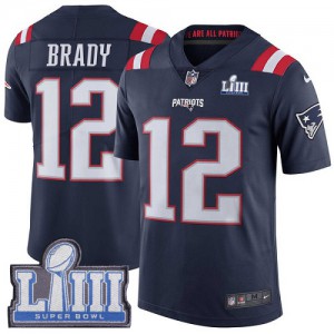 New England Patriots #12 Tom Brady Youth Navy Blue Limited Super Bowl LIII Bound Stitched Rush Jersey 350573-488