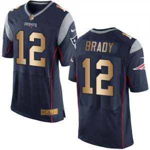 New England Patriots #12 Tom Brady Men's Navy Blue New Team Color Stitched Elite Gold Jersey 361105-714
