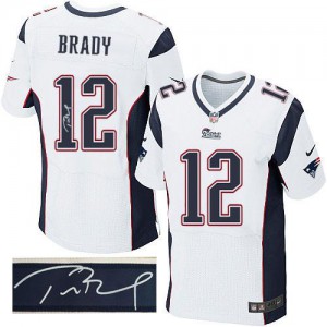 New England Patriots #12 Tom Brady Men's White Autographed Stitched Elite Jersey 473125-552