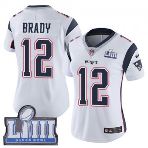 New England Patriots #12 Tom Brady Women's White Vapor Untouchable Super Bowl LIII Bound Stitched Limited Jersey 401505-398