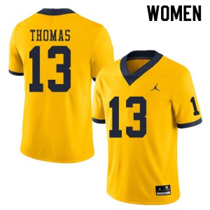 Michigan Wolverines #13 Charles Thomas Women's Yellow College Football Jersey 154378-231