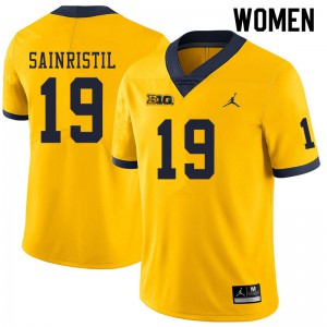 Michigan Wolverines #19 Mike Sainristil Women's Yellow College Football Jersey 273980-723