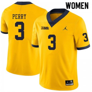 Michigan Wolverines #3 Jalen Perry Women's Yellow College Football Jersey 199153-681